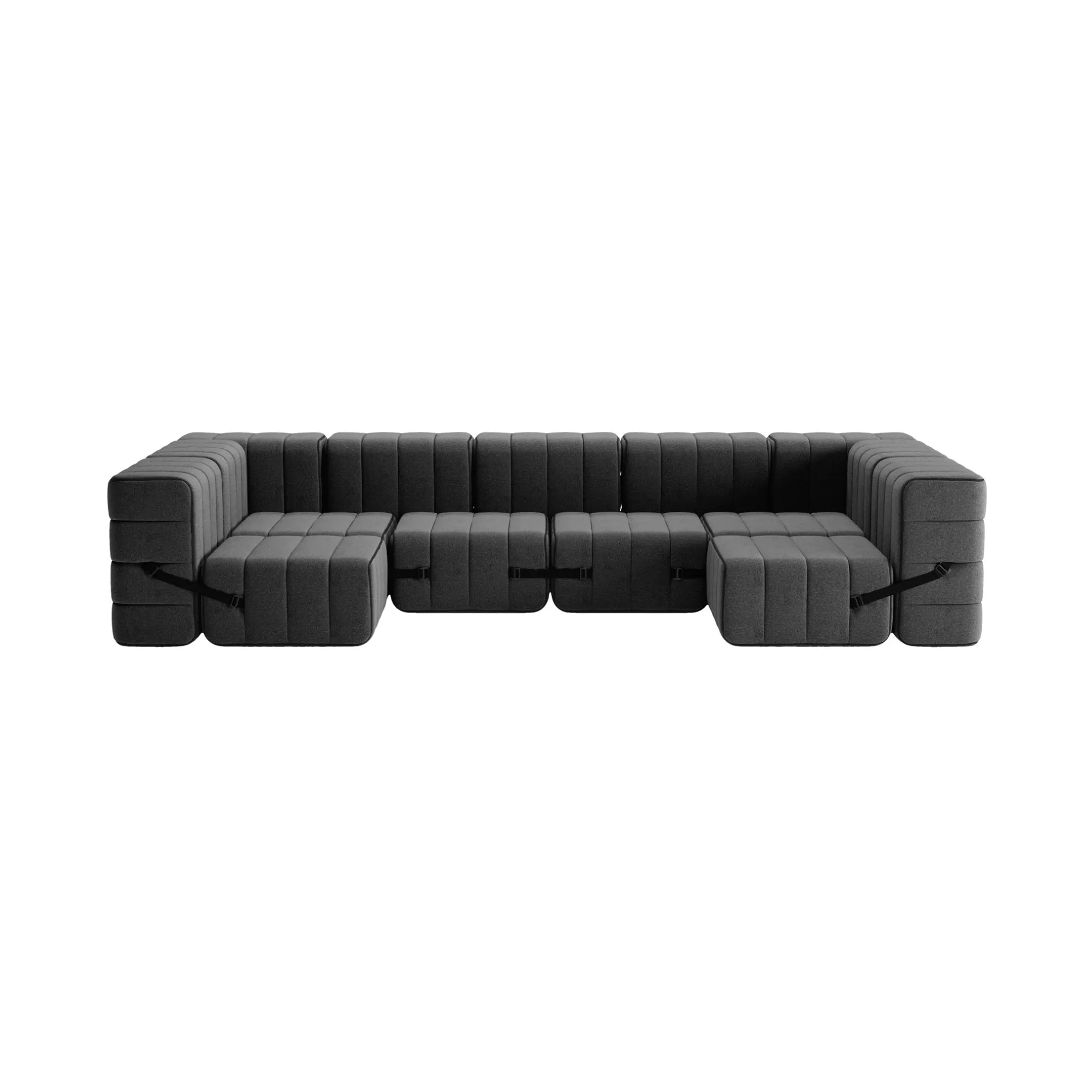  Detail of gray fabric sofa with adjustable headrest and armrest