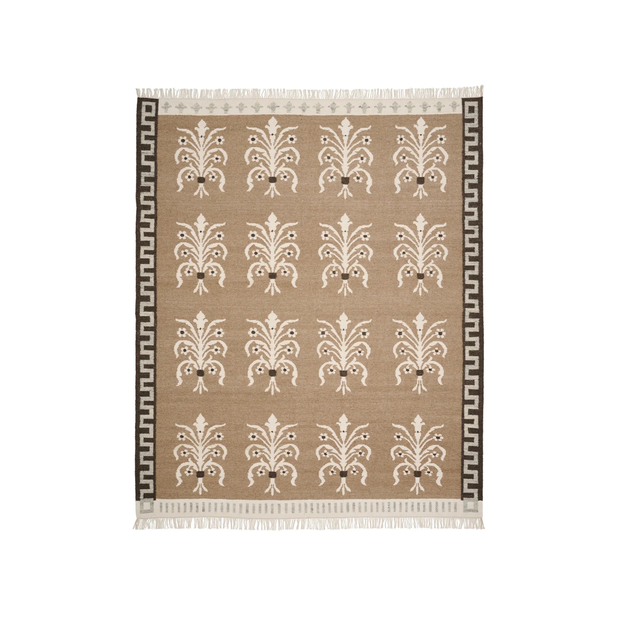 Handwoven cream and gray area rug with intricate geometric patterns