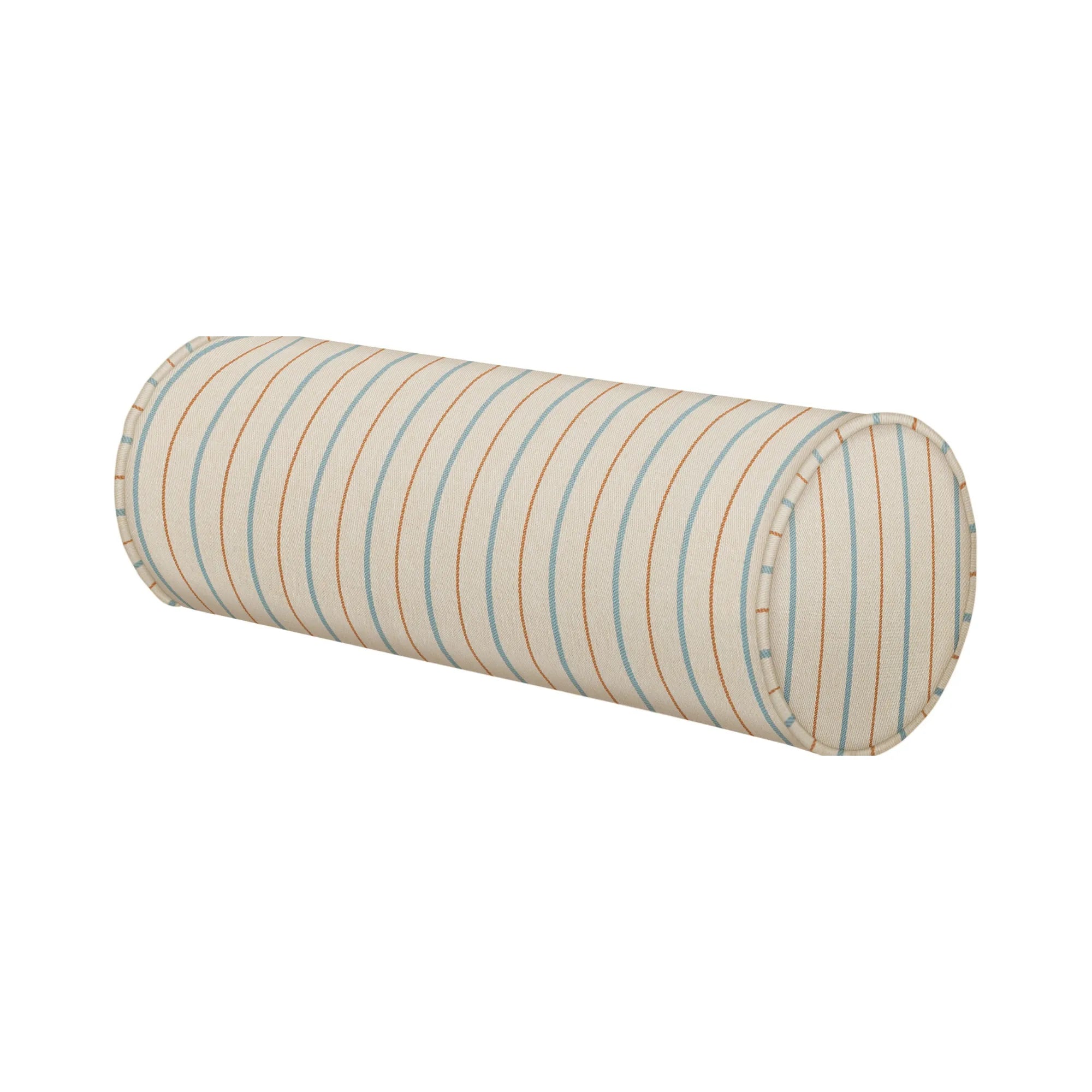 Outdoor Sara Bolster Pillow in blue and white stripe pattern, perfect for adding comfort and style to your outdoor seating area