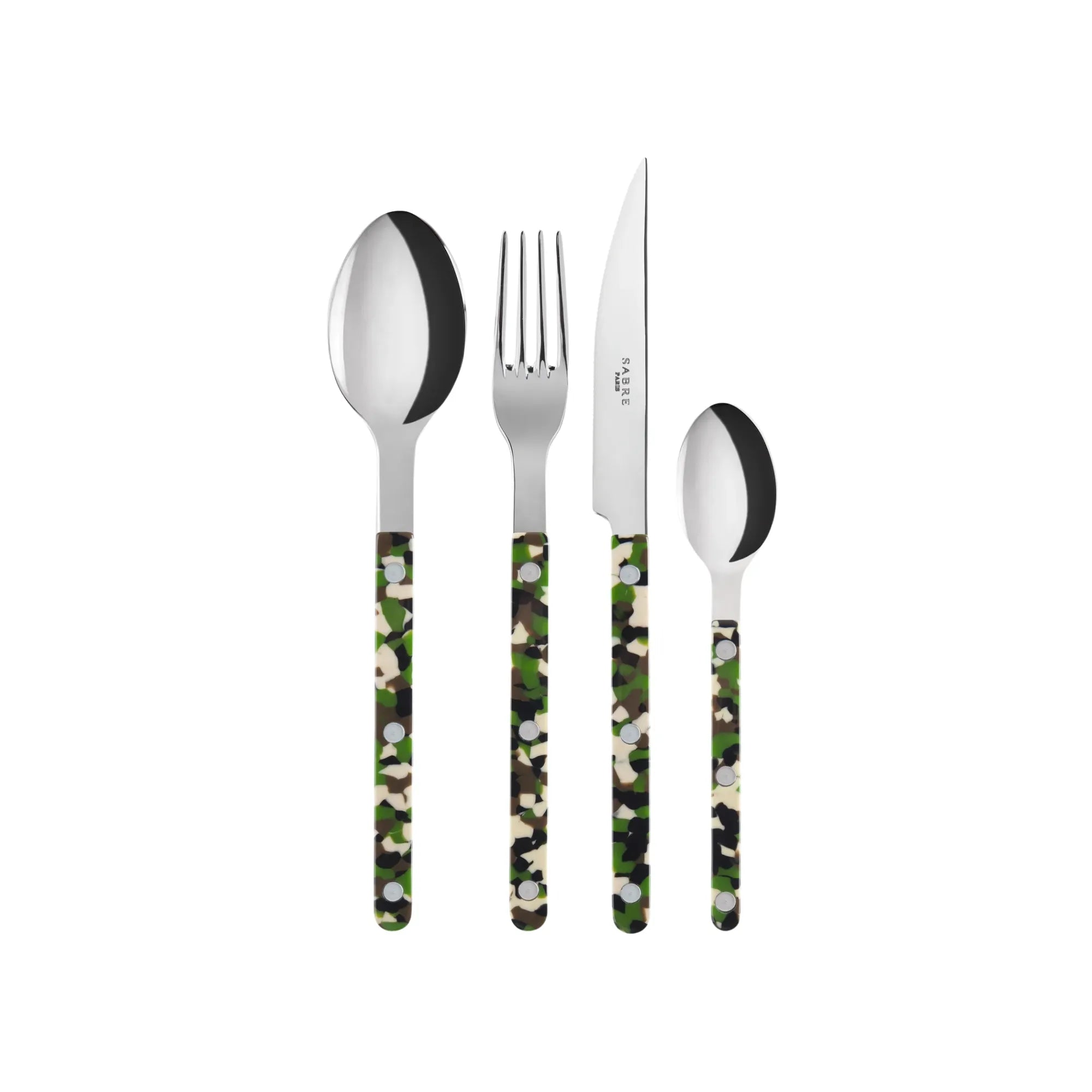 Bistrot Camouflage Cutlery Set arranged on a Wooden Table