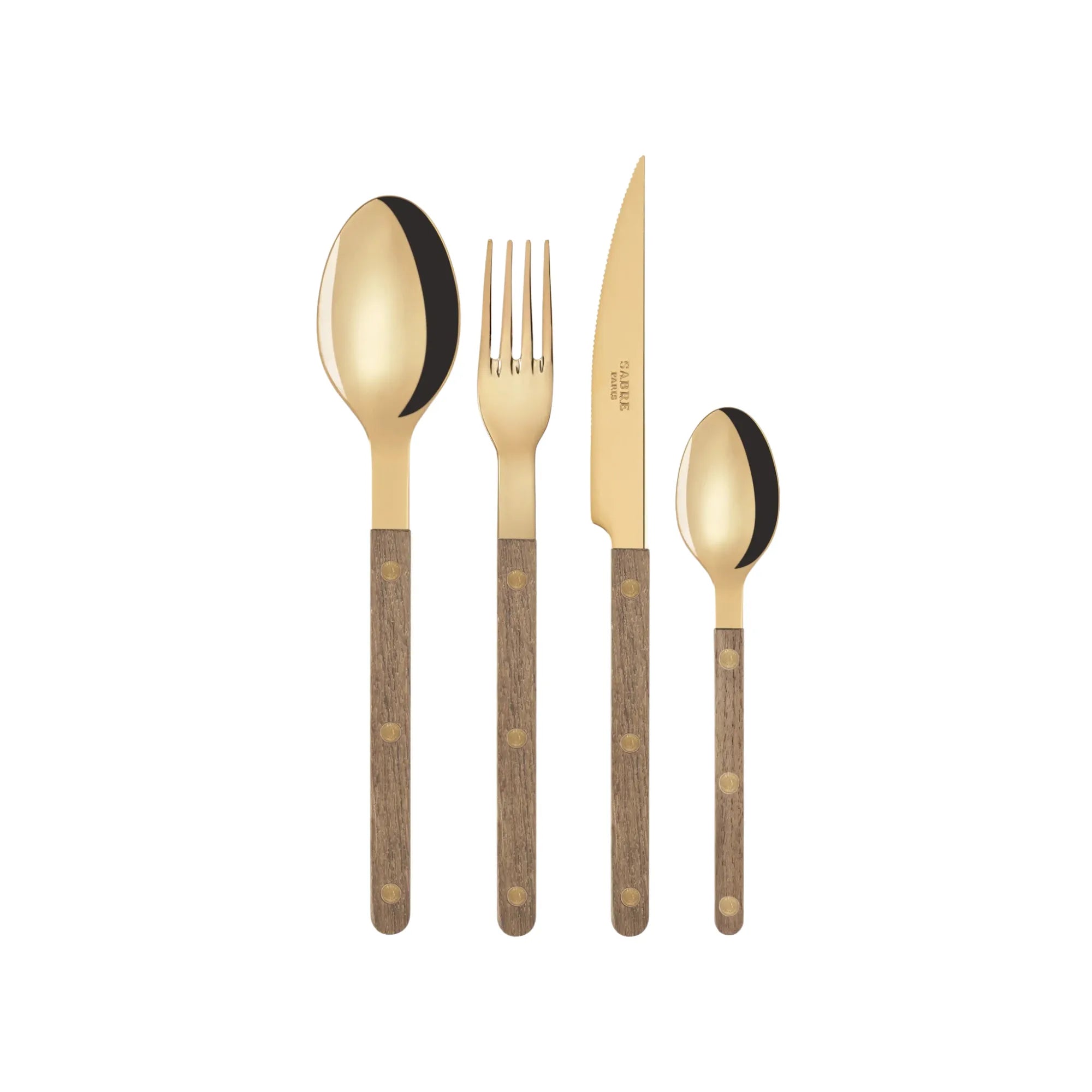  Three-piece Bistrot Teak Cutlery Set displayed on a rustic wooden table, showcasing the beautiful craftsmanship and natural wood grain of the teak handles Ideal for adding a touch of sophistication to any dining table