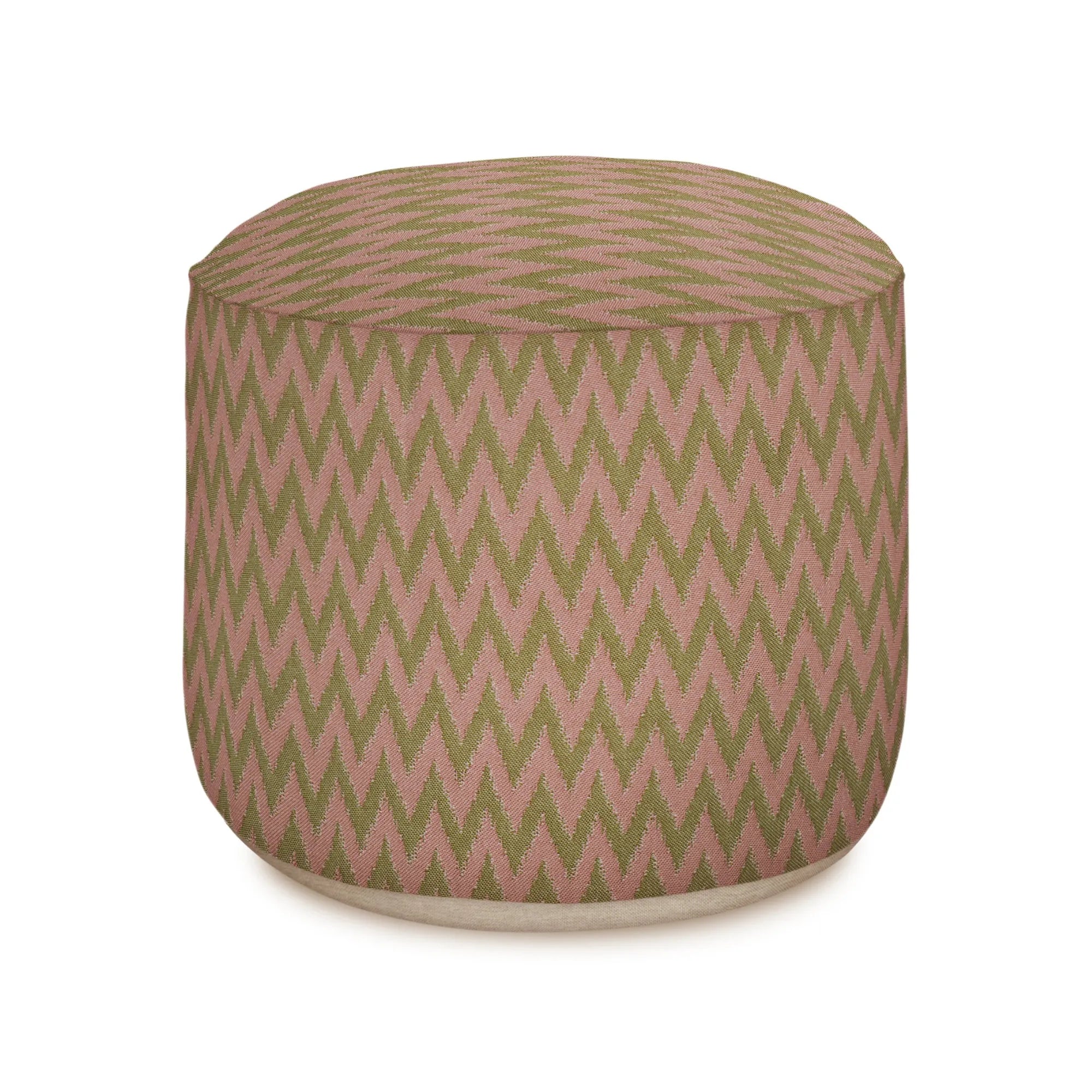 Outdoor Rosita Pouf displayed in a cozy outdoor seating area with pillows and plants