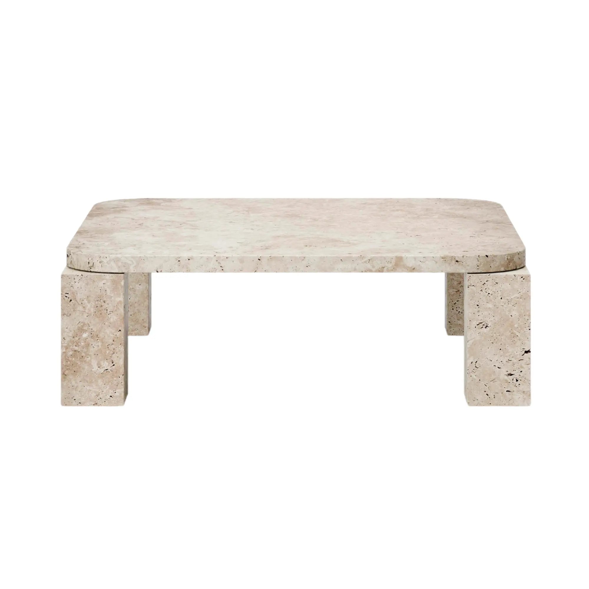 Square coffee table with a smooth and polished travertine surface