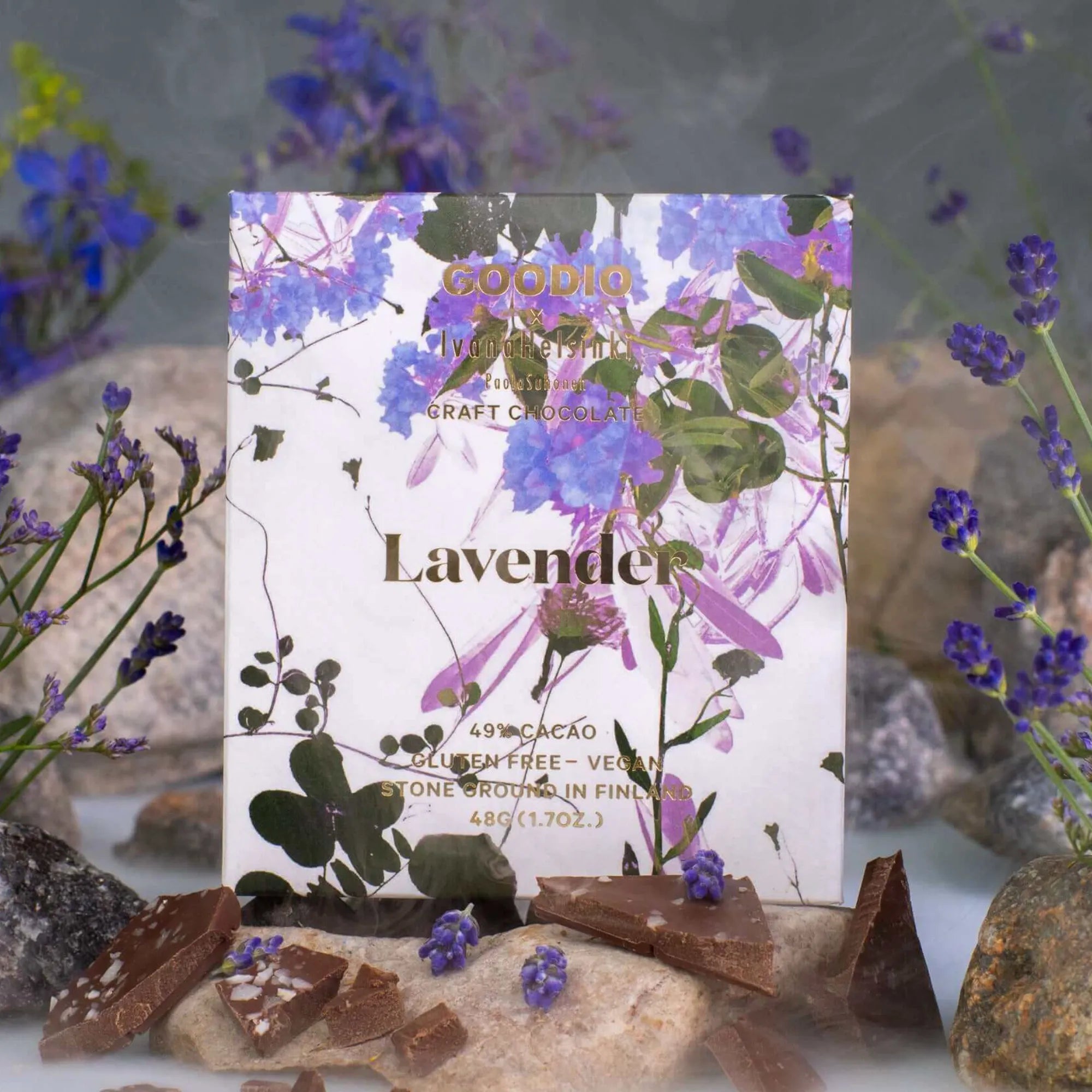 Delicious and rich lavender-infused dark chocolate bar with 49% cocoa