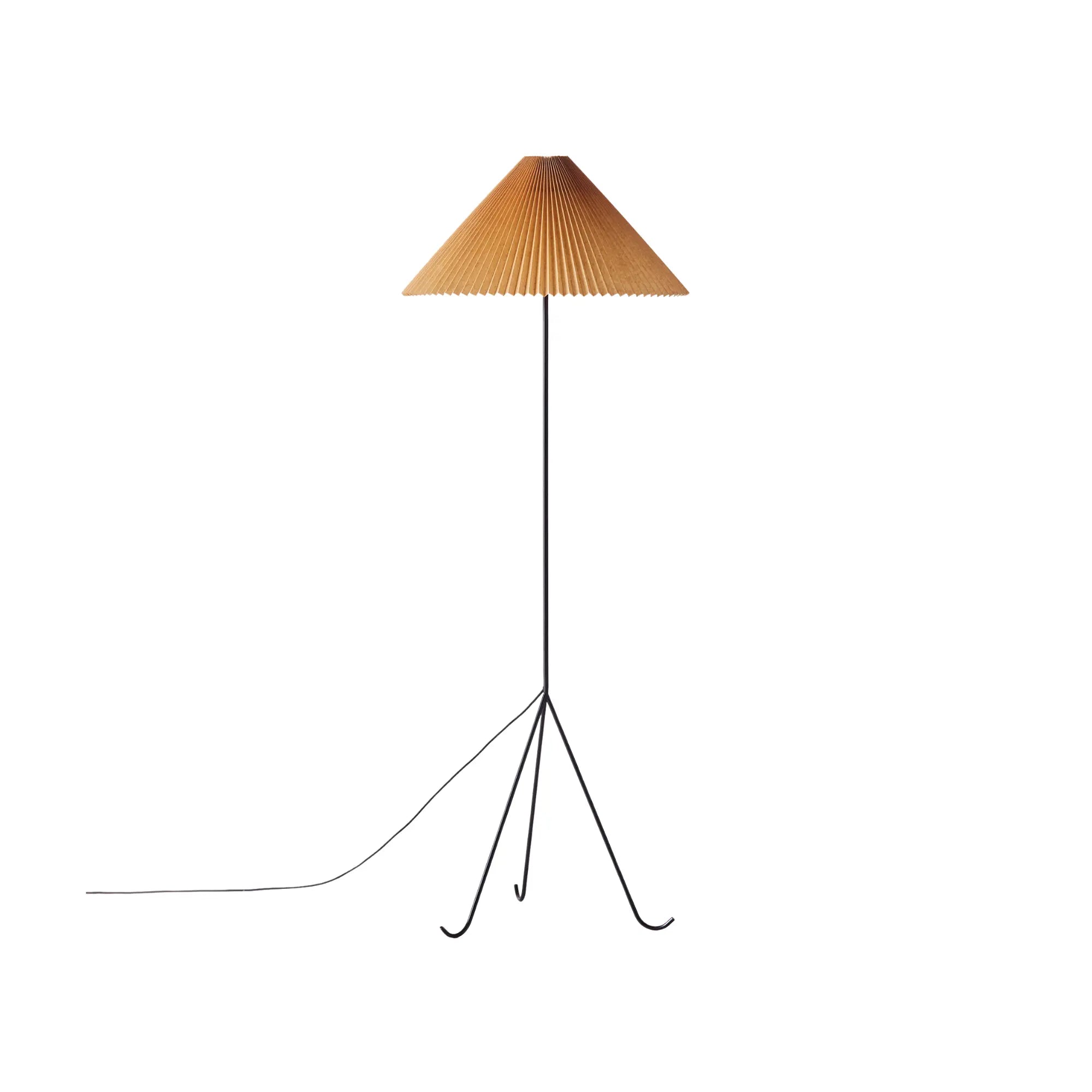 Geraldine Floor Lamp in brushed nickel finish with white fabric shade, standing in modern living room with natural light 