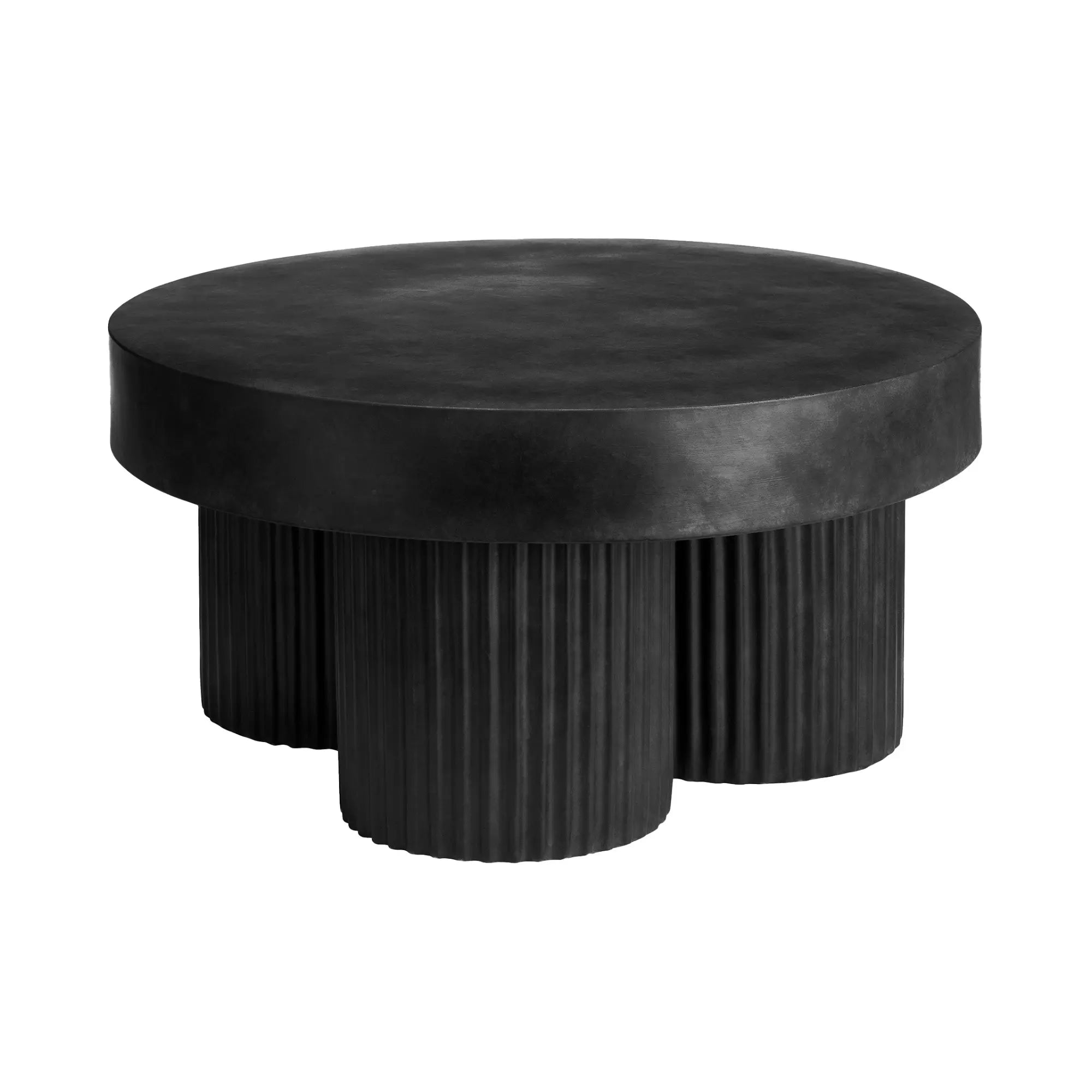  Circular coffee table with gear-shaped base, metal frame, and sleek glass top