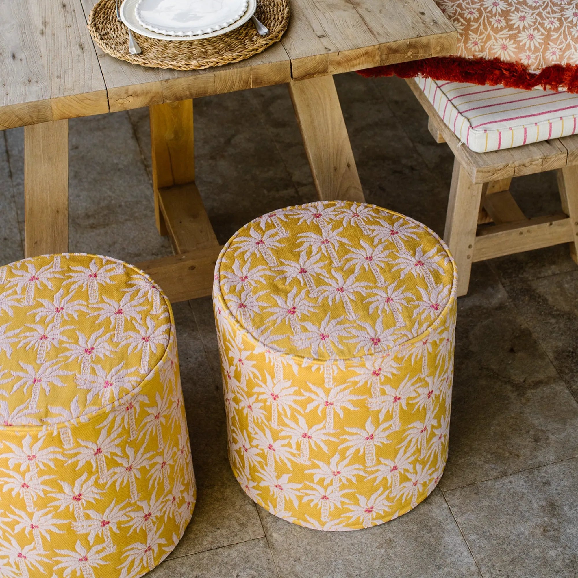 Close-up of Laura Pouf showing intricate handwoven pattern