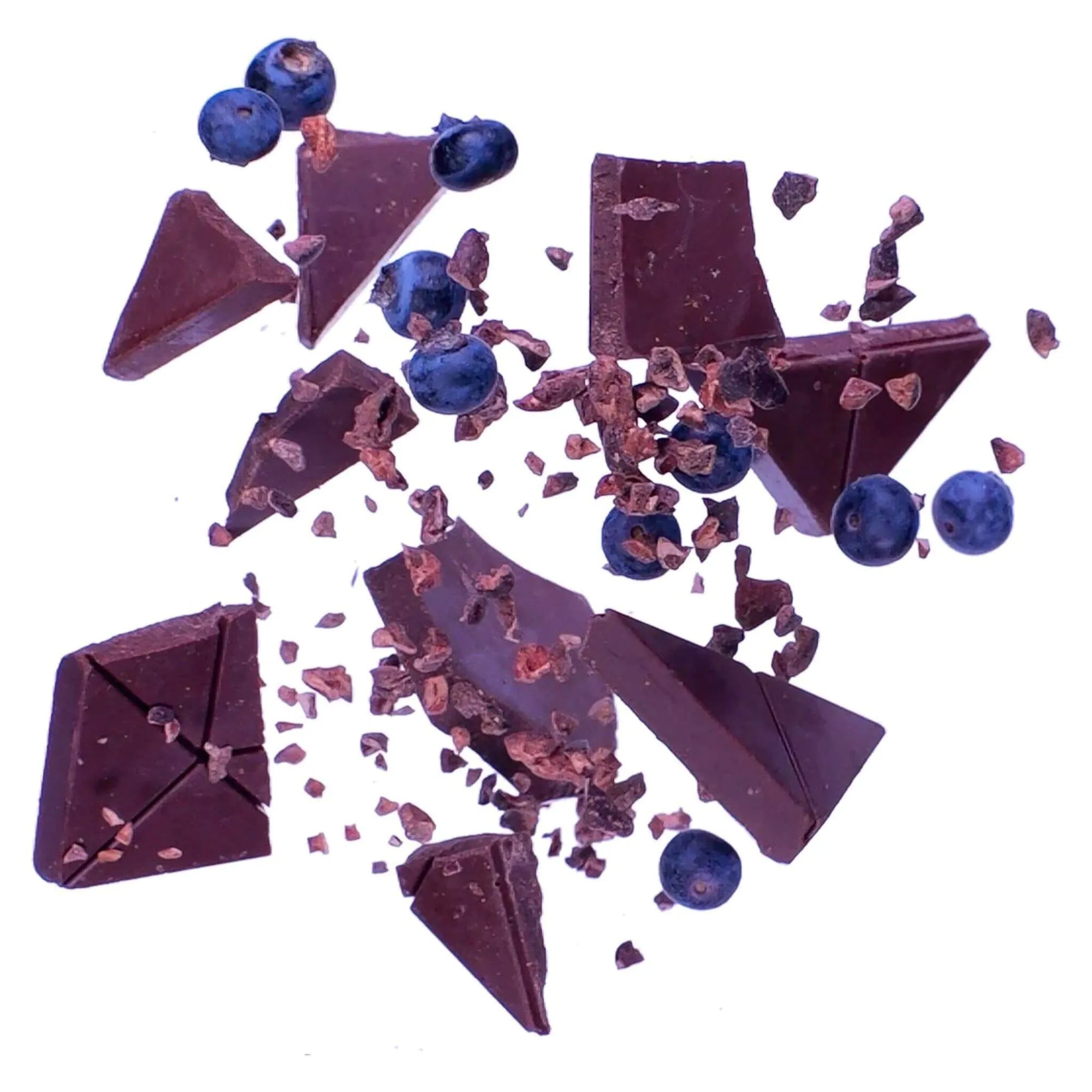 A close-up image of a bar of Wild Blueberry Chocolate 61% with rich, dark chocolate and vibrant wild blueberries scattered throughout, showcasing the indulgent and fruity flavors of the product