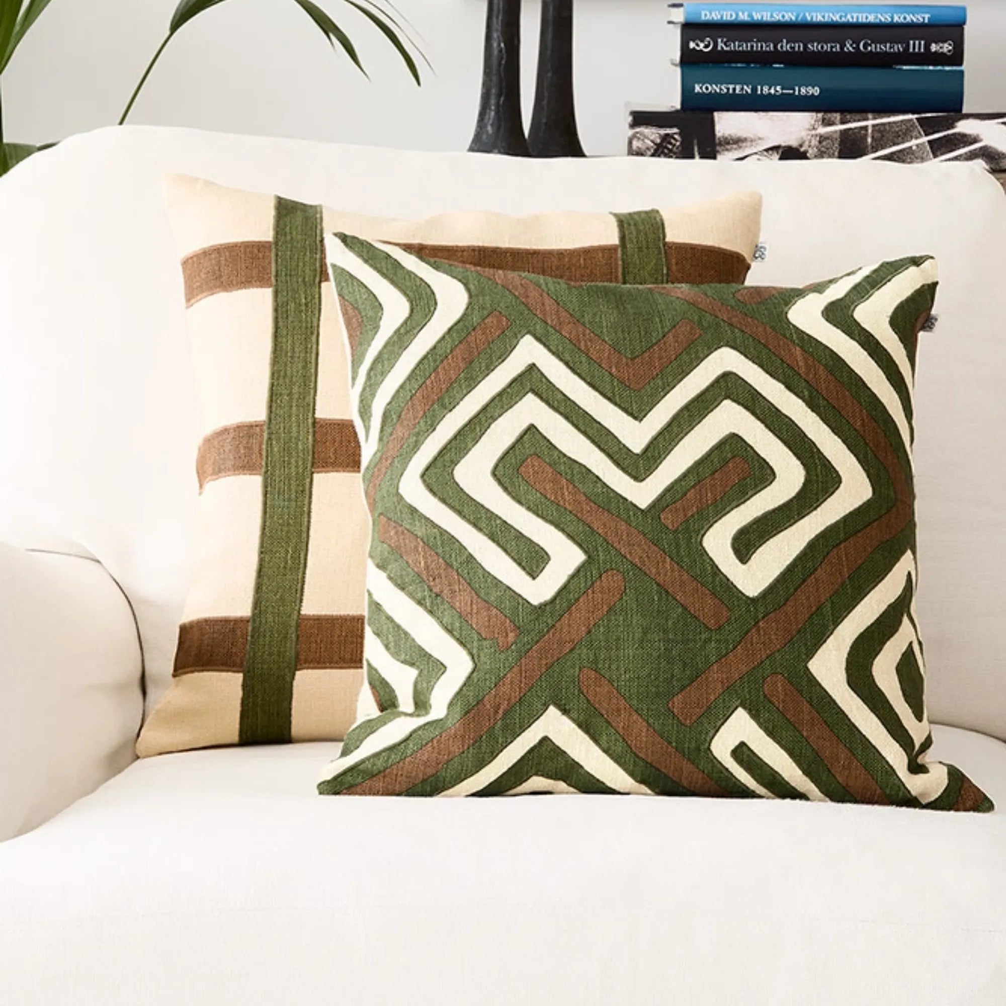 Cactus Green and Taupe Kiran Linen Cushion Pillow adds a touch of nature to your decor