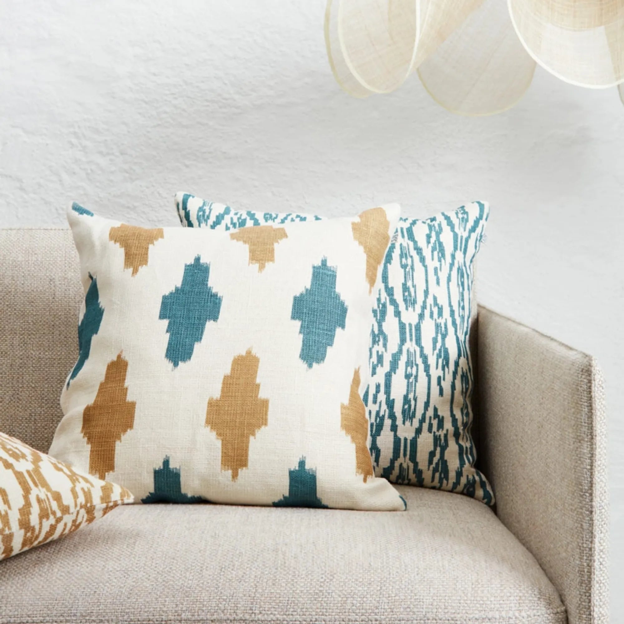 Ikat Agra Cushion Pillow - Off White/Heaven Blue/Khaki