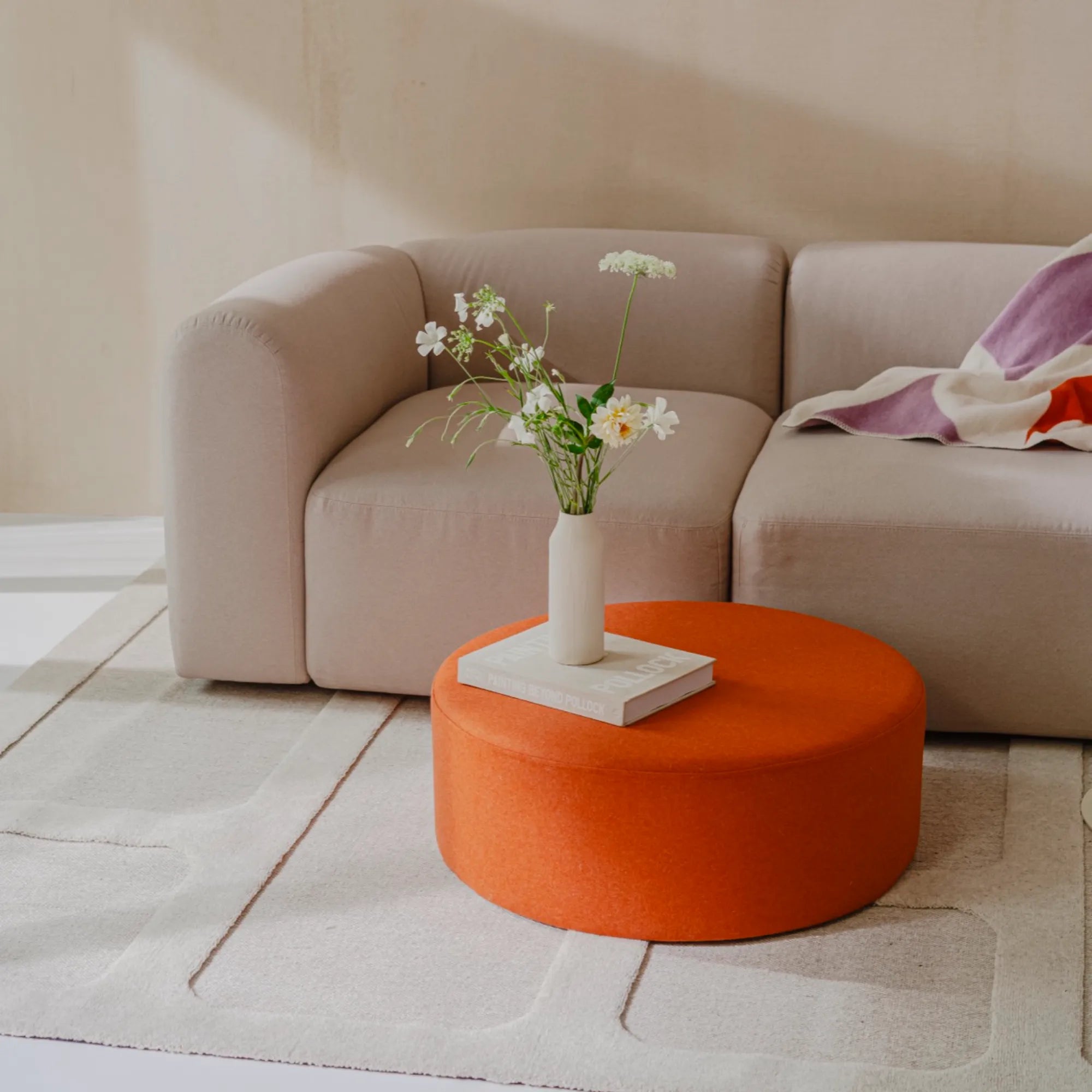 Handcrafted wide Folk Pouf in neutral tones, perfect for cozy, rustic home decor